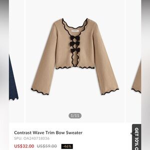 Commense Contrast Wave Trim Bow Sweater